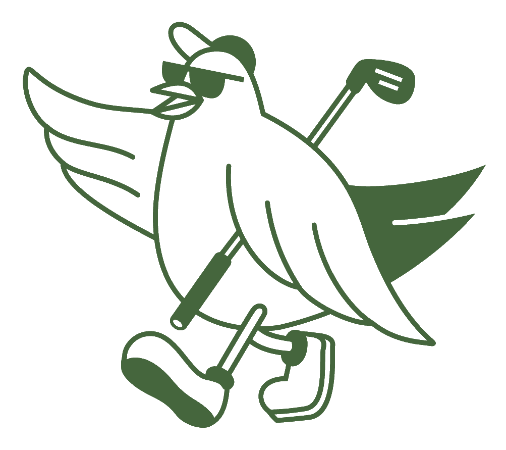 Mascotte Le Birdie en tenue de golf