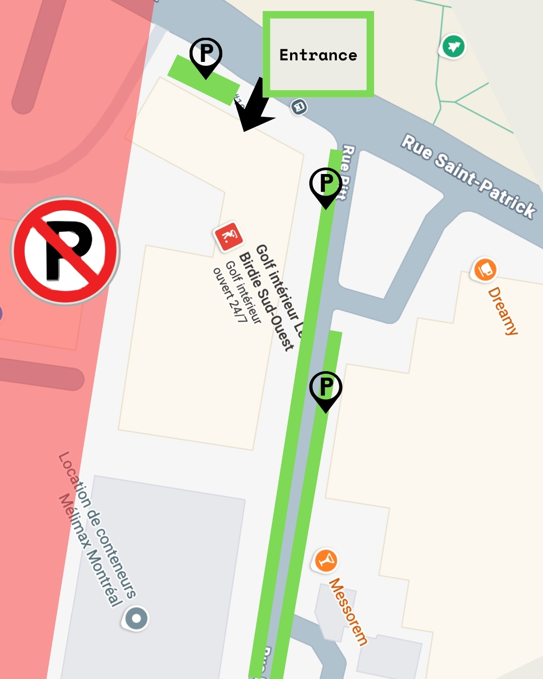 Map showing the Le Birdie Sud-Ouest building entrance and free parking on rue Pitt — no parking on the red side of rue Saint-Patrick