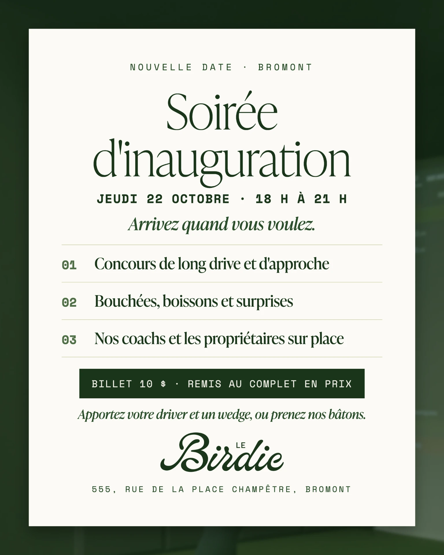 Le Birdie Bromont opening night poster, Thursday October 22, 6 p.m. to 9 p.m.