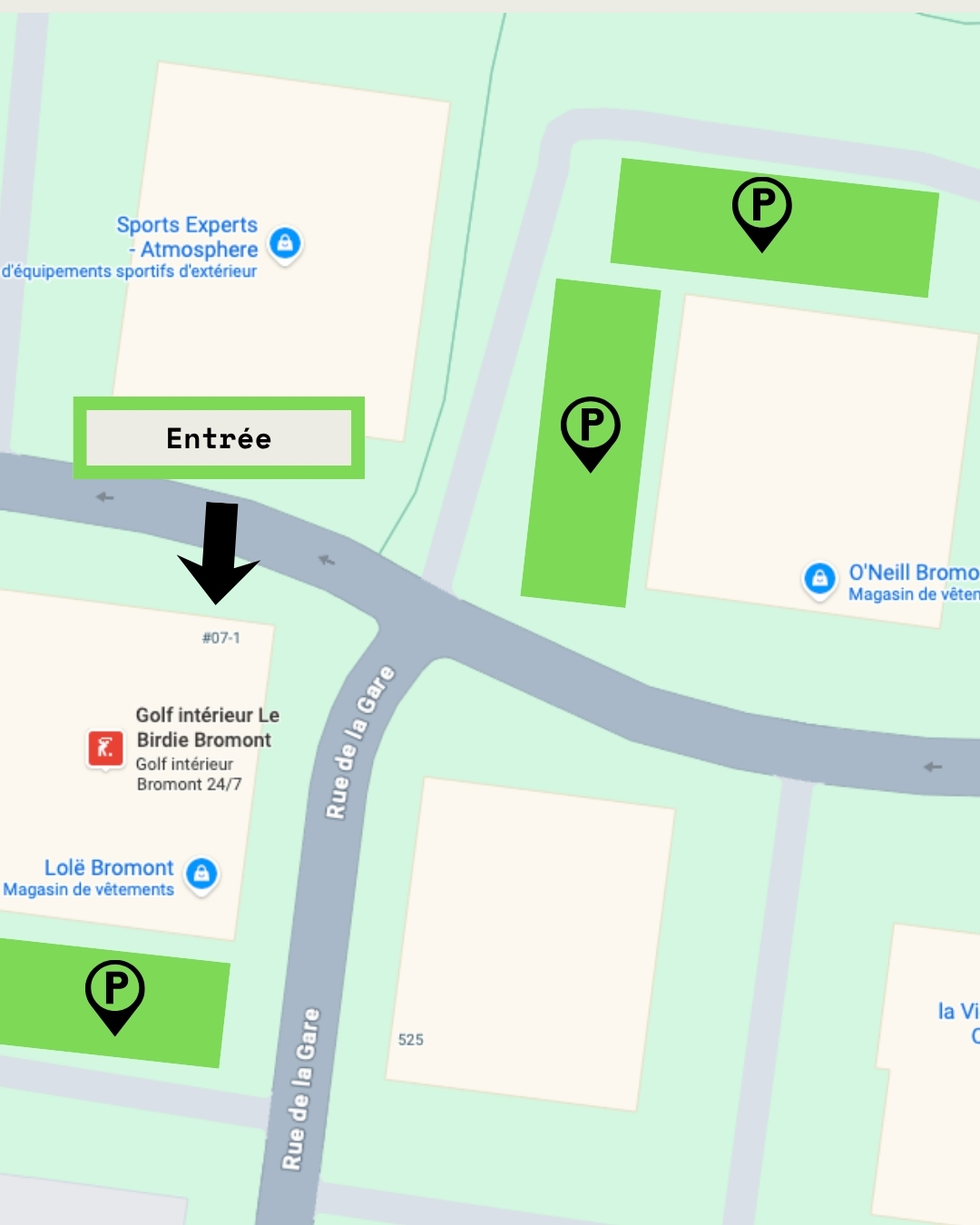 Carte de l'entrée du bâtiment (en face du Sports Experts) et du stationnement tout autour pour Le Birdie Bromont
