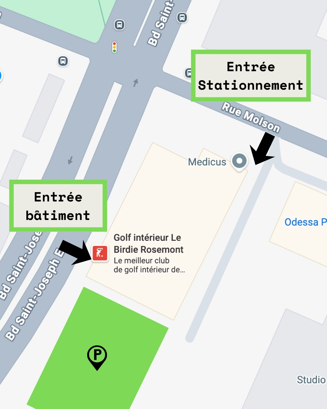 Carte de l'entrée du bâtiment (côté rue Saint-Joseph) et de l'accès au stationnement (par la rue Molson) pour Le Birdie Rosemont